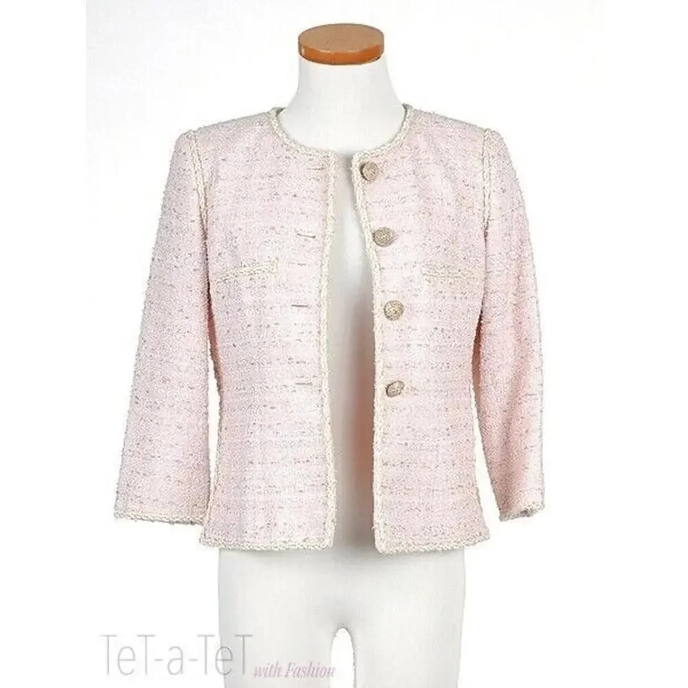 2010 CHANEL 10P Tweed Pink JACKET BRADED TRIM CC buttons FR-38